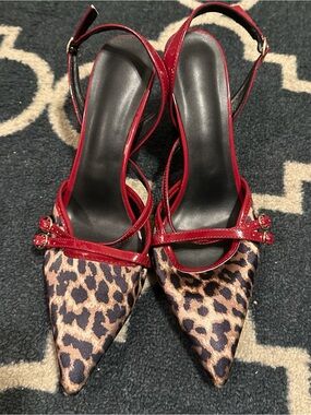 SHEIN Red Patent Strap Leopard Print Pointed-Toe Heels